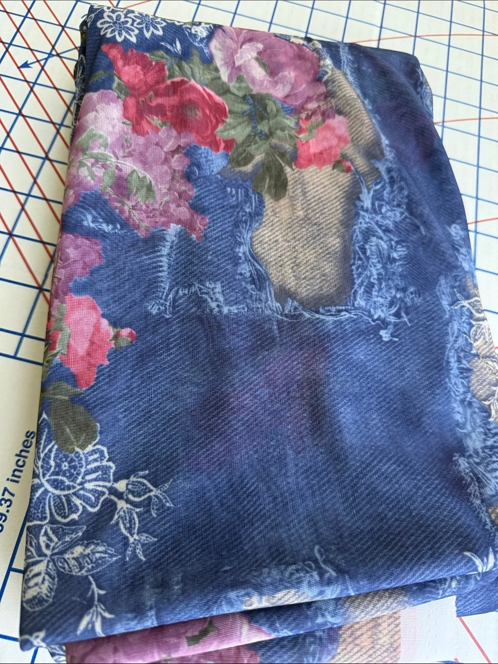 Y2K Denim Rose Lace Print Stretch Mesh Fabric 4 Yards 54” Semi Sheer